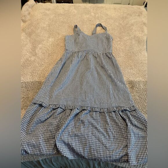 Draper James Martie Tie Back Dress in Navy Blue Gingham Seersucker Size 14 - Picture 3 of 7